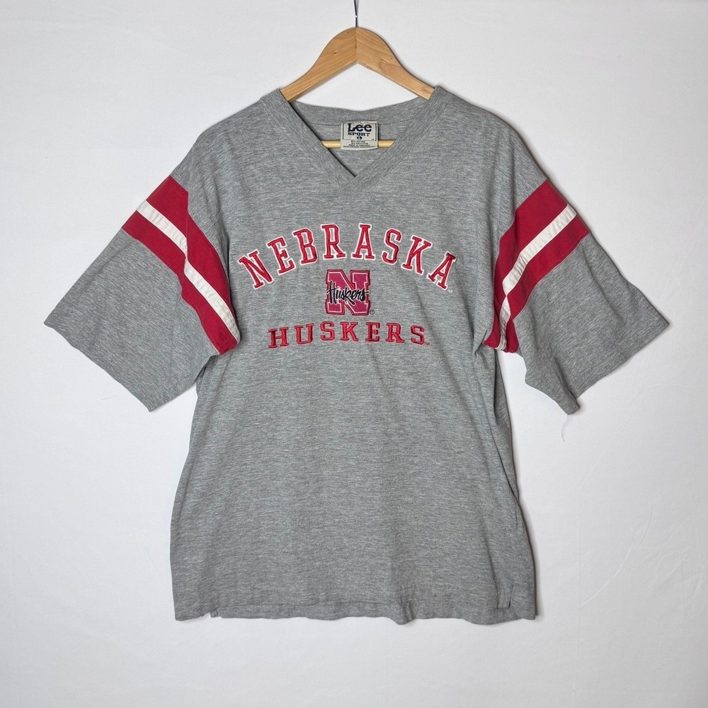 Vintage Lee Sport Nebraska‎ Huskers V-Neck Jersey T-Shirt Gray Mens Large L